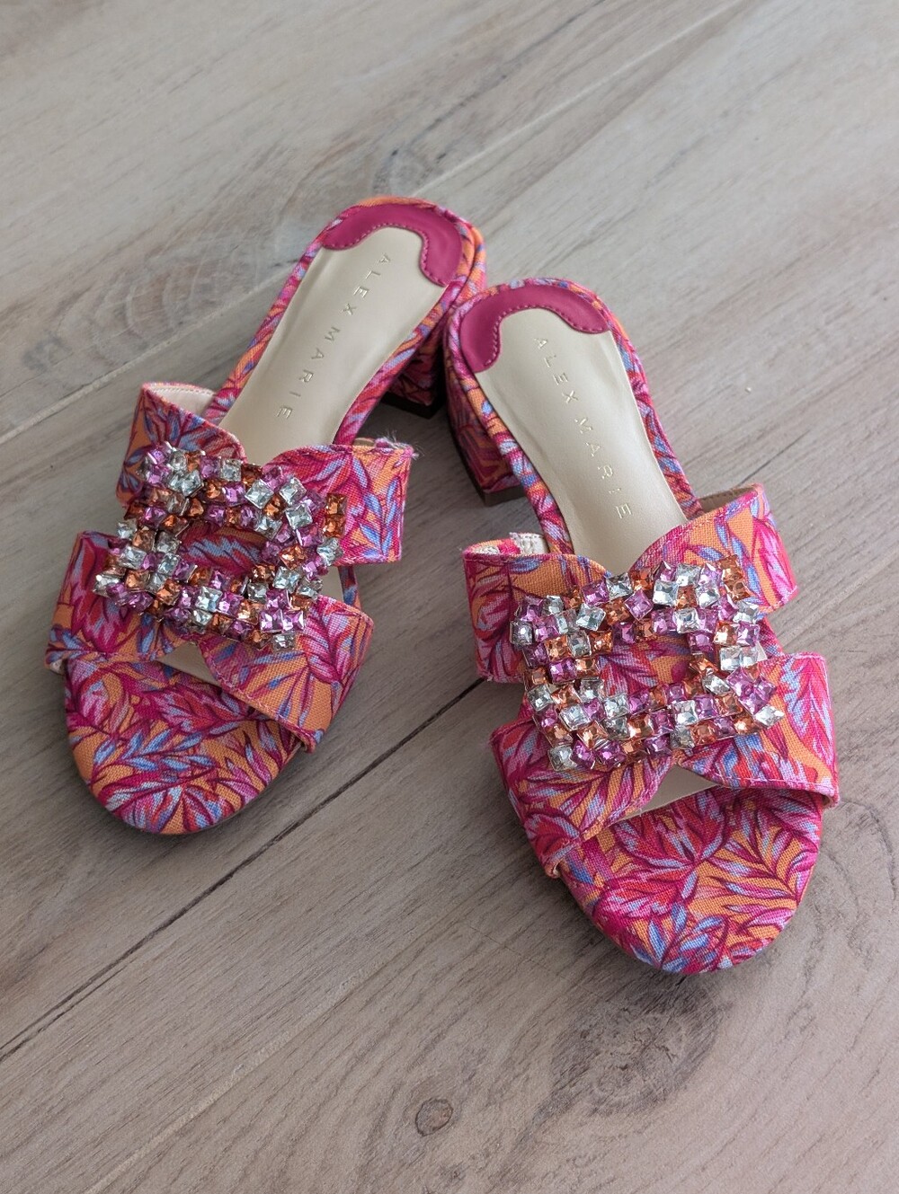 Alex Marie Pink Orange Printed Gem-Embellished Block Heel Mules